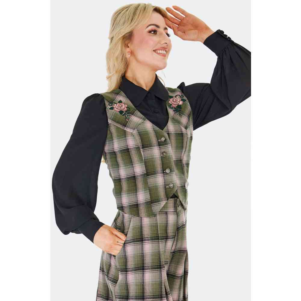 Voodoo Vixen - Plaid Flower Embroidered Western Haut sans manches - Multicolore